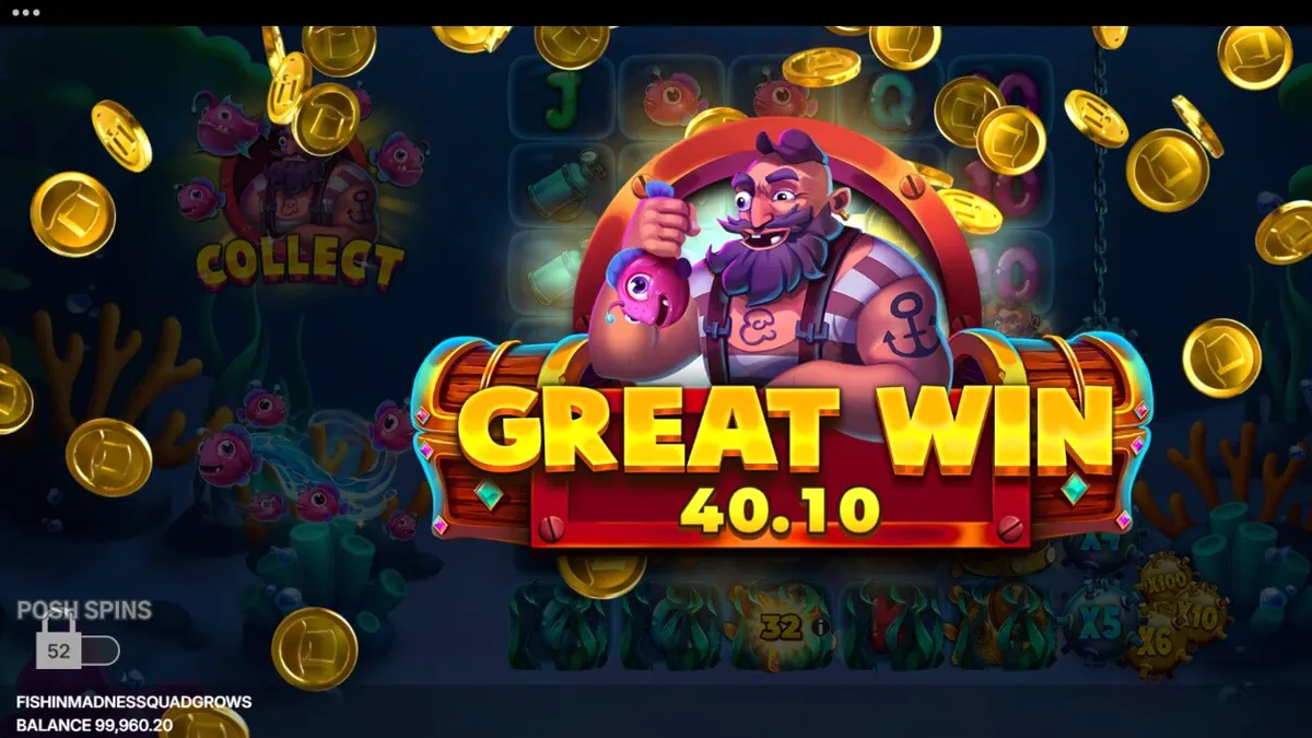 Isang makulay na underwater slot game na Fishin’ Madness Quadgrows na may mga isda at naval mines.